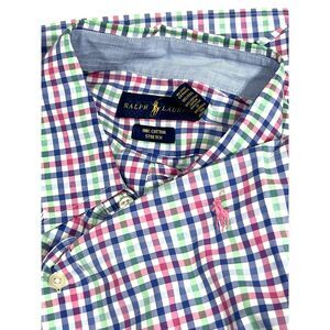 Ralph Lauren Men's Large Pink Blue Green Gingham Button Up LS Shirt Cotton EUC